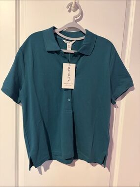 💚 Athleta Deep Teal Pique Short Sleeve Relaxed Fit Polo Size Large